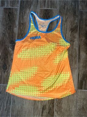 Hoka women’s Orange & Lime Dot Performance Racerback Tank Running Singlet